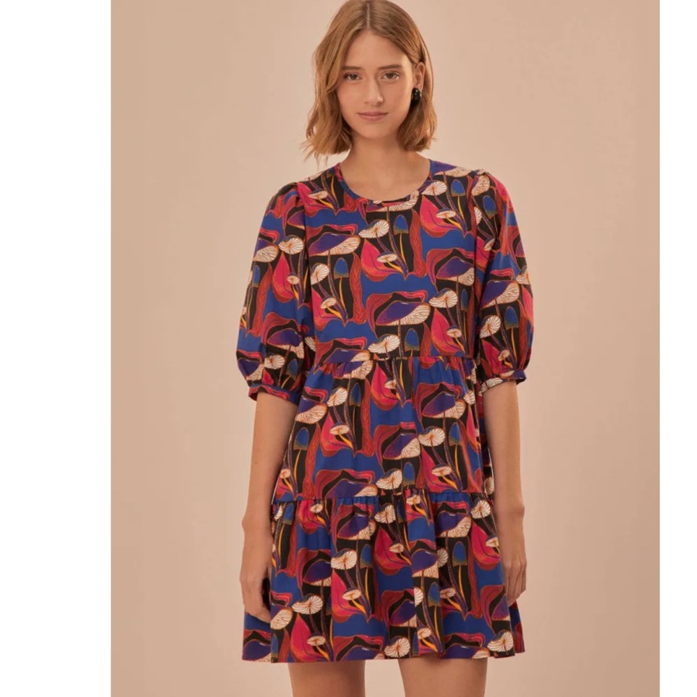FARM Rio Surrealist Wild Mushrooms Tiered Mini Dress Size XS NWT